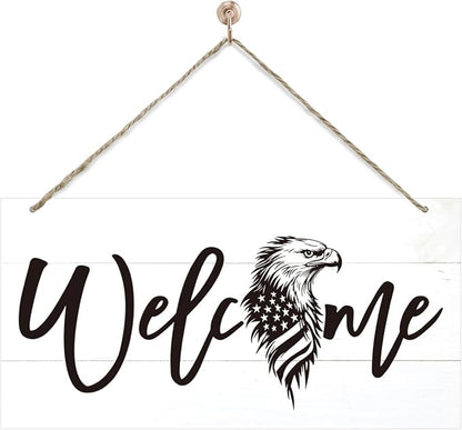 Welcome Sign for Front Door, Welcome Decor Wooden Hanging Sign, Patriotic Theme American Bald Eagle Pattern Wall Hanging Decor, Funny Wooden Outdoor Front Door Decoration 13.8X6.9 inches