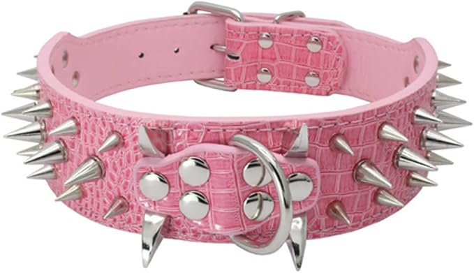 Serijoars Spiked Studded Dog Collar, PU Leather Dog Collar, Adjustable Pet Collars for Medium or Large Breed Pet (L, Pink5)