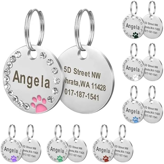 Personalized Dog/Cat Cute Paw Pet ID Tag for Pet Collar or Key Chain - Custom Laser Engraved Unique Dog/cat Name tag with Phone Number (Purple, Crystals Round-Small)