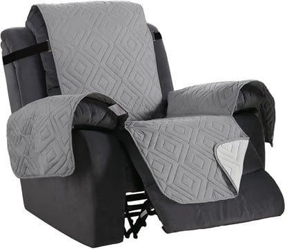 H.VERSAILTEX Reversible Quilted Recliner Covers Water Resistant Furniture Protector for Reclienr Chair with Elastic Straps for Pets Kids Sitting Width Up to 22"(Recliner, Light Grey/Beige)