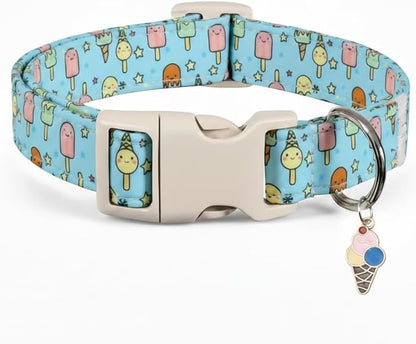 Small Dog Collar, Cute Dog Collar with Ice Cream Print and Charm for Girls Boys Dogs, Adjustable Blue Pet Collar for Small Dogs, Spring Summer Design Collar, S