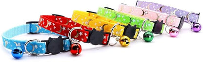 Reflective Cat Collars Breakaway with Bell 2-Pack Girl Boy Pet Kitten Collar with Star Moon Patetrn Adjustable 7.5-12.5 Inch (Yellow)