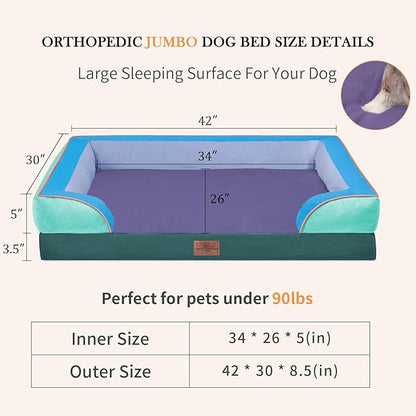 Comfort Expression Orthopedic Dog Bed for Extra Large Dogs 42x30 Inch, Waterproof Egg Crate Foam XL Pet Bed with Removable Bolsters, Dog Couch with Washable Cover & Non-Slip Bottom, Violet Tide