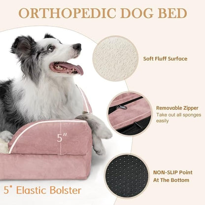Comfort Expression Orthopedic Dog Bed for Extra Large Dogs 42x30 Inch, Waterproof Supportive Egg Crate Foam XL Pet Bed with Removable Bolsters, Dog Couch with Washable Cover & Non-Slip Bottom, Pink