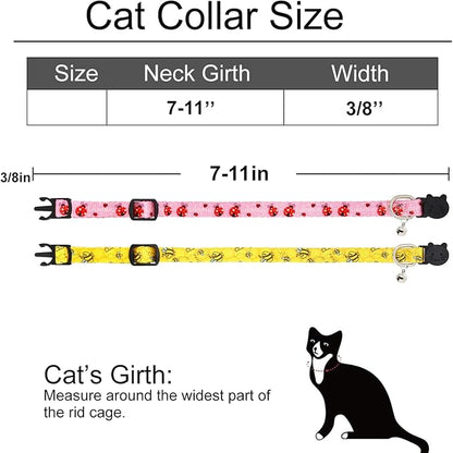 Cat Collar, 2 Pack Breakaway Collar with Bells, Safety Buckle Kitten Collars for Boy and Girl Cats, Bee+Ladybug