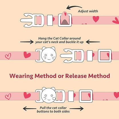 2 Pack Cotton Breakaway Cat Collar Pink and Gray Heart Shaped Pendant Cute Kitten Cat Collar with Bell