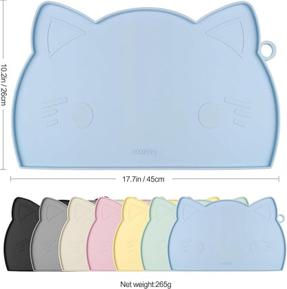 Coomazy Cat Food Mat - Thicker Dog Feeding Mat with Raised Edge, Non-Slip Silicone for Floor, Waterproof (Blue, Medium)