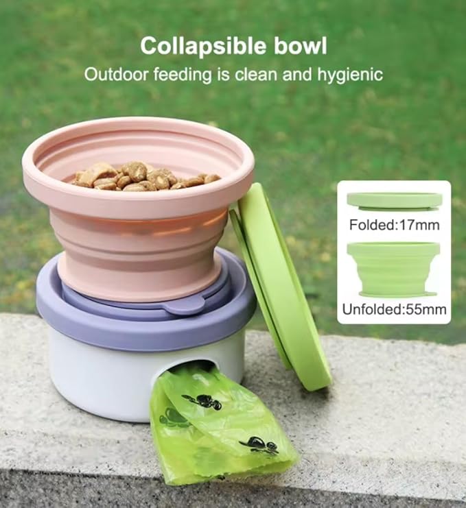 3 in 1 Collapsible Dog Bowl, Treat Container, Poop Bag Holder with 1 Roll Poop Bags – Practical Silicone Dog Bowl – Durable Pet Bowls for Travel Essentials, Daily Walks (Dyer Blue)