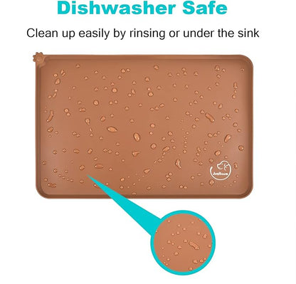 Silicone Waterproof Dog Cat Pet Feeding Mats, Non Slip, Easy Clean Pet Dog Cat Bowl Mats Placemat (18.5" x 11.5") Brown