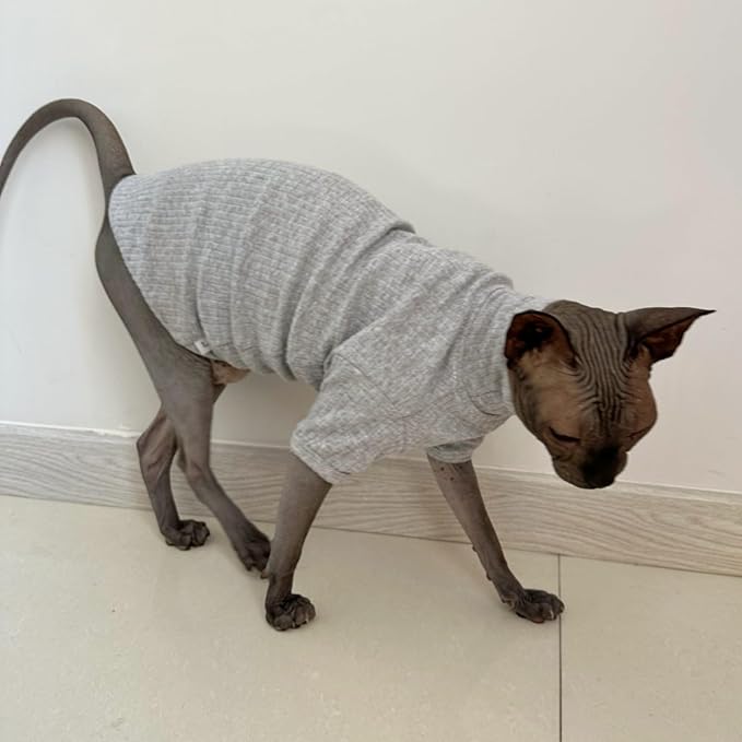 Sphynx Hairless Cats Shirt Cotton Cat Turtleneck Sweater Pullover Kitten T-Shirts with Sleeves Cat Pajamas Jumpsuit for Sphynx Cornish Rex, Devon Rex, Peterbald (Medium (Pack of 1), Light Grey)