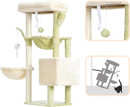 Heybly Cat Tree, 39.4 Inches Tower Condo with Scratching Post, Cat Tower for Indoor Cats, Fully Wrapped Sisal Pole, Soft Platform, 2 Baskets and Dangling Toy, Green and Beige HCT006SGM
