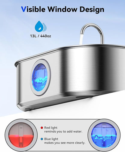3.4Gal Dog Water Fountain for Large Dogs, 13L Stainless Steel Large Pet Fountain with Deeper & Wider Drinking Area, Automatic Dog Water Bowl Dispenser with Water Window & LED, Super Quiet