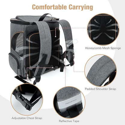 Lekereise Pet Carrier Backpack Expandable Cat Backpack for Medium Dogs and Large Cats 20-25 Lbs,14“L * 12.5" W * 16.14" H, Grey