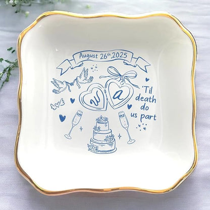 Personalized Ring Dish Engagement Gift, Engaged Ring Holder, Custom Wedding Jewelry Dish, Married Jewelry Tray Gifts for Newly Engaged Couple, Wedding Party Keepsake Gifts