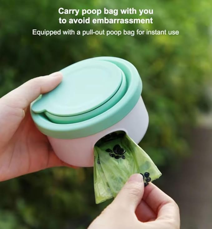 3 in 1 Collapsible Dog Bowl, Treat Container, Poop Bag Holder with 1 Roll Poop Bags – Practical Silicone Dog Bowl – Durable Pet Bowls for Travel Essentials, Daily Walks (Green)