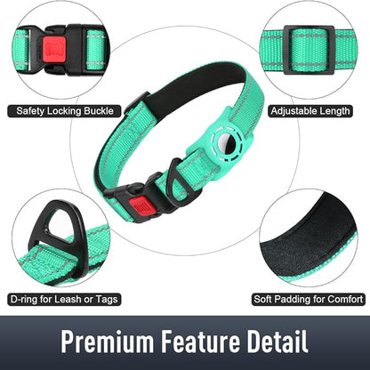Airtag Dog Collar with AirTag Holder for Large Dogs, Reflective, Soft Padded & Safety Locking Buckle, Nylon Pet Collars Adjustable for All Breeds, Teal,L