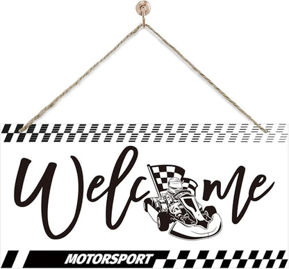 Welcome Sign for Front Door, Playroom Wall Decor, Motorsport Theme Wall Hanging Decor, Gift for Motorsport Lover, Funny Wooden Outdoor Front Door Hanging Decoration 13.8X6.9 inches