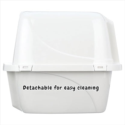 Large Enclosed Cat Litter Box with Vented Hood, Prevents Scatter and Odors, Cat & Rabbit Corner Covered Litter Box,19x14x15.5 Inches, Pearl White