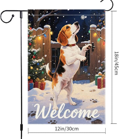 Beagle Dog Welcome Garden Flag 12x18 Inch Double Sided Christmas Burlap Yard Banner for Winter Holiday Outdoor Decor Farmhouse Seasonal Pet Decoration