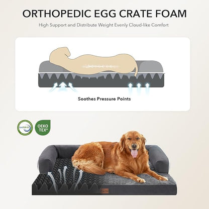 Orthopedic Dog Beds for Extra Large Dogs, Waterproof Egg Crate Foam XL Dog Bed with Sides 45x35Inch, Big Dogs Couch Beds with Removable Washable Cover and Nonskid Bottom, Dark Grey