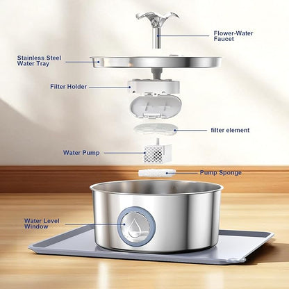 Stainless Steel Cat Water Fountain with Silicone Mat & 2 Filters, 108oz/3.2L Automatic Pet Water Dispenser for Cats Dogs, Quiet Indoor Metal Drinking Bowl, Dog Fountains, Waterer