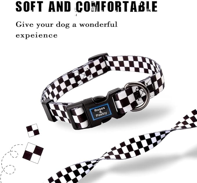Roses&Poetry Dog Collar with Colourful Checkered Patterns, Adjustable Durable Puppy Collars for Small Medium Large Dogs (Black & White-M)