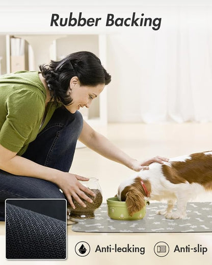 MontVoo Dog Food Mat-Pet Feeding Mat for Food and Water-No Stains Quick Dry Dispenser Cat Bowl Mat for Messy Drinkers(17"x34" Grey)