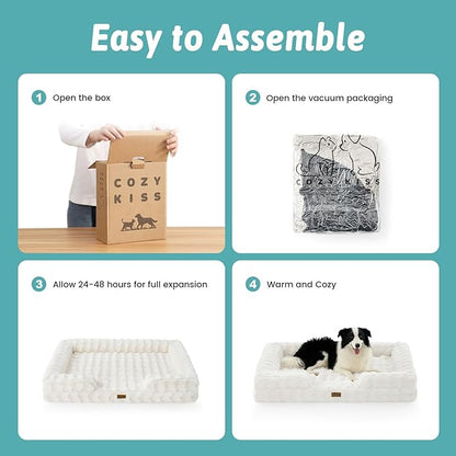 Orthopedic Dog Bed for Large Medium Size Dog, Soft and Warm Faux Fur Sofa for Pet Up to 75 lbs, Foam Bolster Anti-Slip Couch with Washable Removable Cover, L 36x27x6.5 inch, Beige