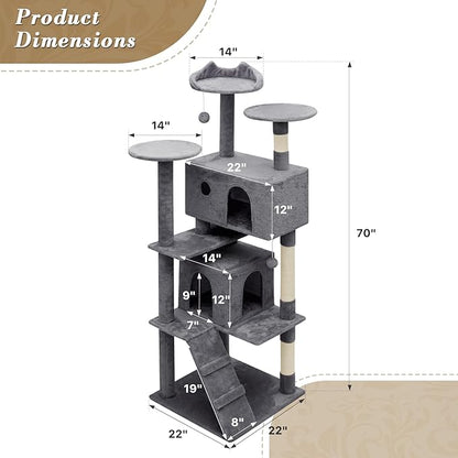 Athena Collection Cat Climbing Tree - 70 Inch Indoor Cat Activity Center with Multi-Levels, Cat Condo, Scratching Post, Dangling Ball, Dark Gray