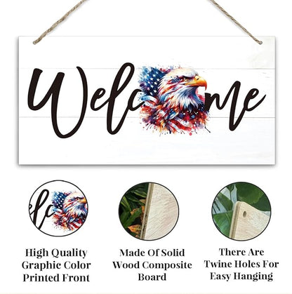 Welcome Sign for Front Door, Welcome Decor Wooden Hanging Sign for Wall Decor, American Bald Eagle Pattern Hanging Signs, Funny Wooden Outdoor Front Door Decoration 13.8X6.9 inches
