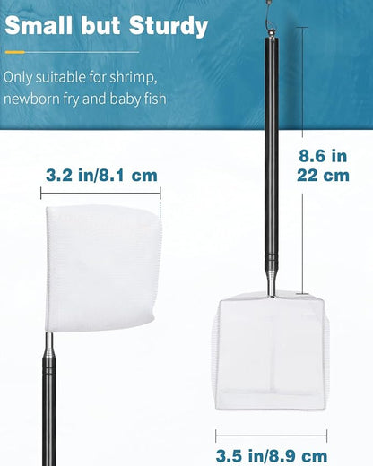 Pawfly 4 Inch Aquarium Soft Square Fine Shrimp Net, Tiny Fish Tank Net for Small Ponds, Extendable Stainless Steel Handle