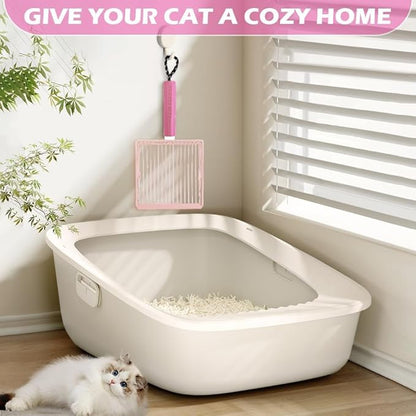 Cat Litter Scoop, 2-in-1 Detachable Ergonomic Handle, Metal, Bar Grid Shape with Suspendable Cord (Pink)