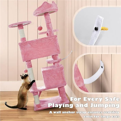 54 Inches Cat Tree Tower Condo Furniture, Cat Tower with Scratching Post, Multi-Level Climbing Tree Cat House Padded Plush Perch, Kittens Pet Play House, Light Gray