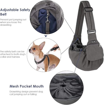 Lukovee Dog Sling Carrier, Hard Bottom Support & Adjustable Soft Padded Shoudler Strap Dog Slings for Small Dogs, Dog Purse with Drawstring Mesh Opening & Zipper Pockets for Puppy Cat Pet (Grey)