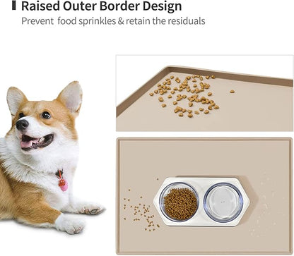 Dog Food Mat,Silicone Waterproof Food Tray,Non Slip Pet Bowl Mats Placemat,0.6" Raised Edge,Suitable for Most Small and Medium Sized Pets,18.5" x 11.5"