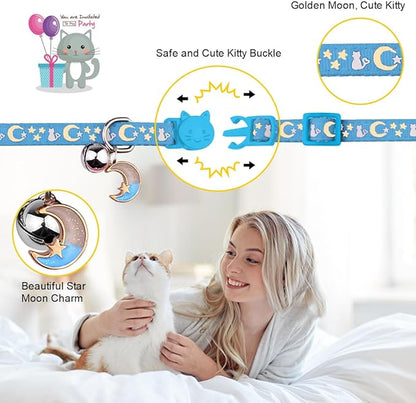 Baeuppit 2PCS Breakaway Cat Collars with Bell Cute Kitty Glow in The Dark Adjustable Kitten Collars with Pendant(Black&Sky Blue)