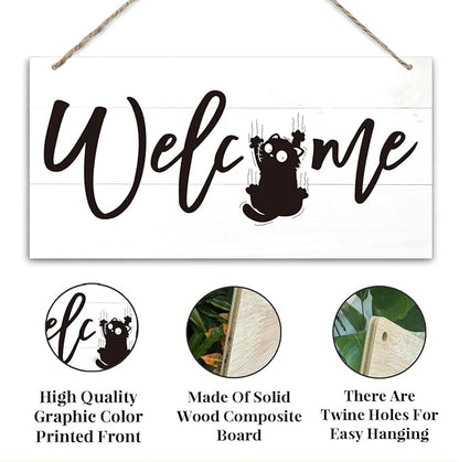 Welcome Sign for Front Door, Welcome Decor Wooden Hanging Sign for Cats Lover, Funny Cat Pattern Wall Decor, Rustic Funny Wooden Outdoor Front Door Hanging Decoration 13.8X6.9 inches