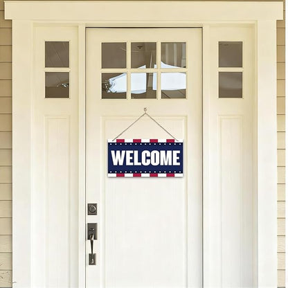 Welcome Sign for Front Door, Welcome Decor Wooden Hanging Sign, Patriotic American Theme Wall Hanging Decor, Funny Wooden Outdoor Front Door Decoration 13.8X6.9 inches