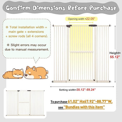 Lumizone Extra Tall Cat Gate 61.02" High Pressure Mounted Extra Wide 38.39"-59.24" (17Sizes) 1.37" Gap No Drilling Auto-Close Tall Pet Gate for Dogs (Cream, 30.12"-59.24" W)
