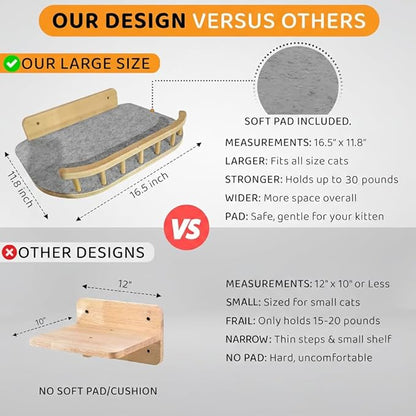 Cat Wall Shelves with 3 Steps – Modern Wood Wall Mounted Furniture, Climber & Perch Shelf for Cats up to 30lbs – Sturdy Floating Bed for Large Cats