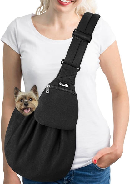 SlowTon Dog Carrier Sling - Thick Padded Shoulder Strap Adjustable Dog Carriers for Small Dogs, Puppy Carrier Purse for Pet Cat with Front Zipper Pocket Safety Belt Machine Washable (Dark Black, M)