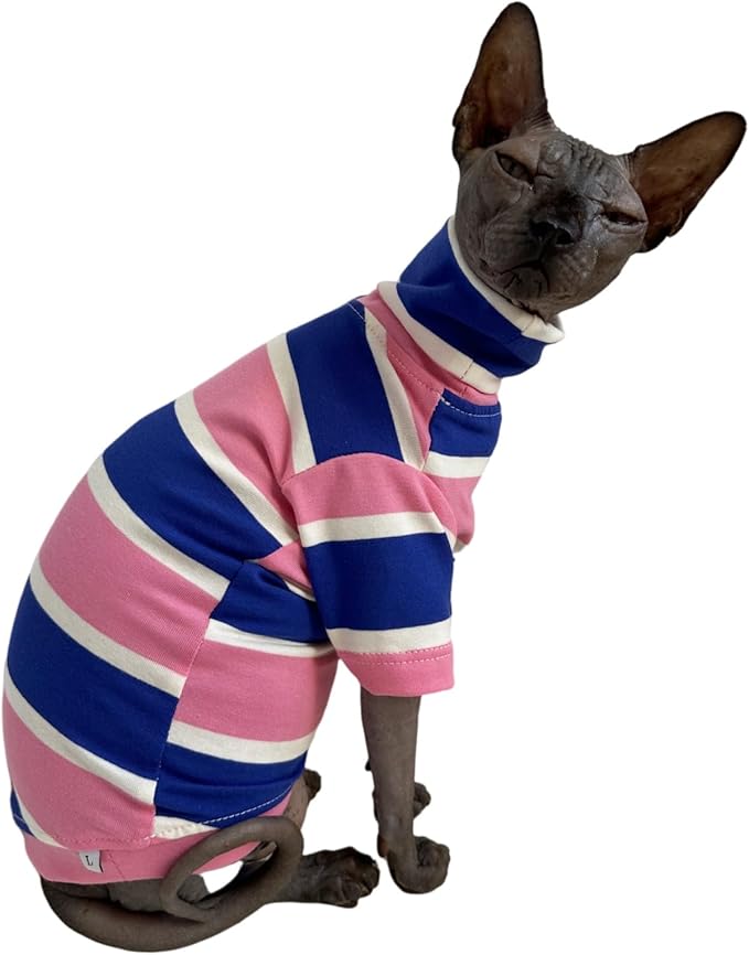 Vintage Stripes Sphynx Hairless Cats Shirt Cotton Cat Turtleneck Pet Clothes Kitten T-Shirts with Sleeves for Sphynx Cats (Wide Pink Blue Stripe, XX-Large)