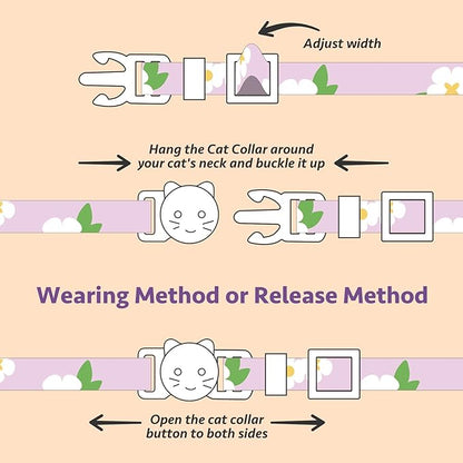 2 Pack Cotton Breakaway Cat Collar Purple and Pink Flowers Pendant Cute Kitten Cat Collar with Bell