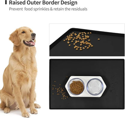 Dog Food Mat,Silicone Waterproof Food Tray,Non Slip Pet Bowl Mats Placemat,0.6" Raised Edge,Suitable for Most Small and Medium Sized Pets,18.5" x 11.5"