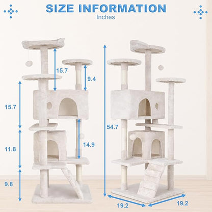 FDW | 54" Cat Tree Tower | Beige | Multi-Level Indoor Activity Center with Sisal Scratching Posts, Condos, Plush Perches, Hanging Cat Toys | Sturdy, Easy to Assemble | for Kittens & Adult Cats