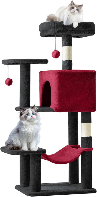 Sweetcrispy 44 Inch Cat Tree Tower, Cat Climbing Tower with Natural Sisal Scratching Posts, Hammock, Pet Condo for Indoor Cats and Kittens Play, Black and Red