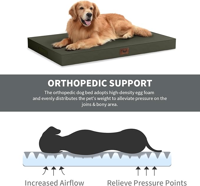 Outdoor All Weather Waterproof Dog Bed, Orthopedic Dog Bed for Extra Large Dogs, Egg Crate Foam Crate Pad with Washable Removable Oxford Cooling Cover, 47x29 Inch, Brown