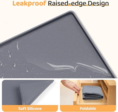 Cat Food Mat, 34" x 22" Large Silicone Pet Feeding Mat with Raised Edge Pet Placemat for Food and Water Bowl Non-Slip, Easy to Clean, Floor Protection (Dark Grey)