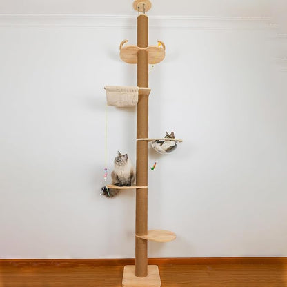 Floor to Ceiling Cat Tree Height (50-120in) Adjustable Cat Tower 5 Tier Hemp Scratching Post High Cat Tree Sturdy Activity Tree Indoor Outdoor Cat Scratching Post Activity Center