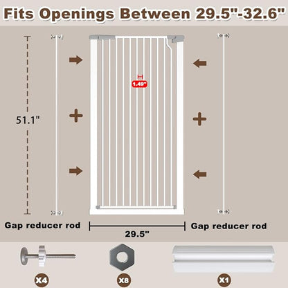 Fairy Baby 51.18" Extra Tall Cat Gate for Doorway, Adjustable 29.5"-32.6" Wide Pressure Mounted Dog Gate Indoor for Stairs, Child Safety Gate Metal Auto Close Baby Gate for Pet Kid Walk Through, White